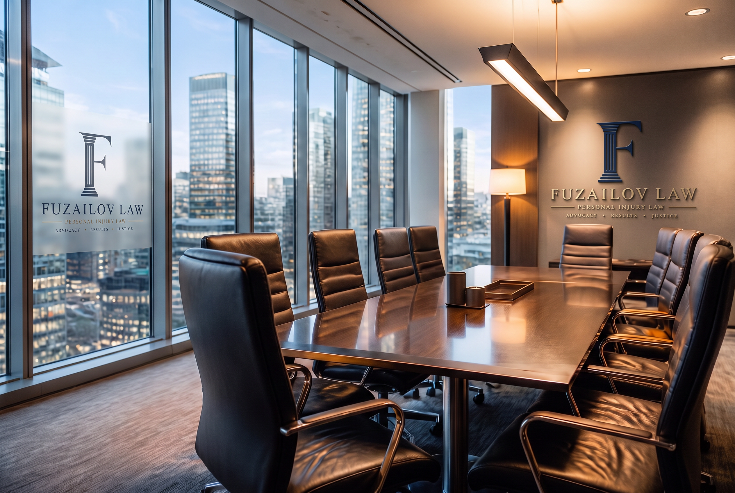 Fuzailov Law conference room overlooking the New York skyline at dusk